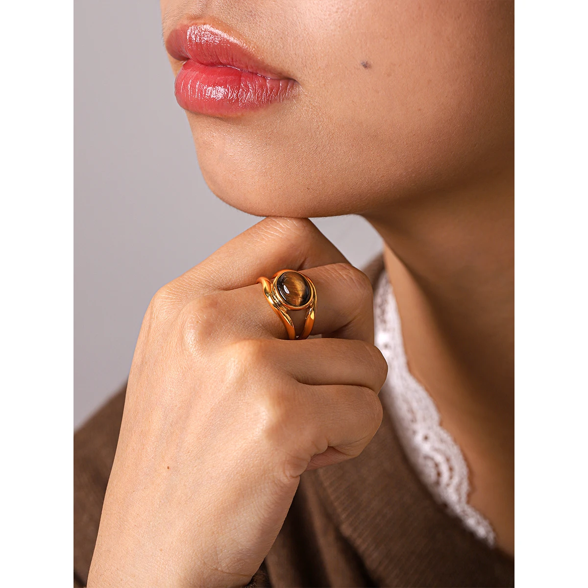 

Stainless Steel PVD Plated Size 7 8 Natural Tiger Eyes Stone Simulated Pearls Finger Ring Trendy Fashion Daily Jewelry for Women