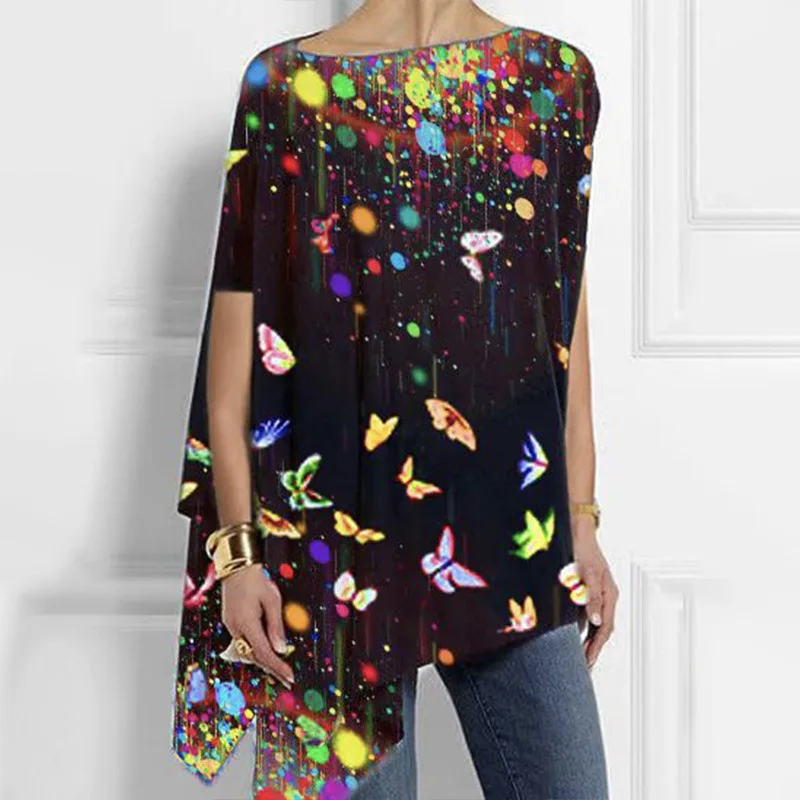 3D Animal Butterfly Round Neck Short Sleeves Irregular Loose T-Shirt Women's Top Ropa Para Mujer