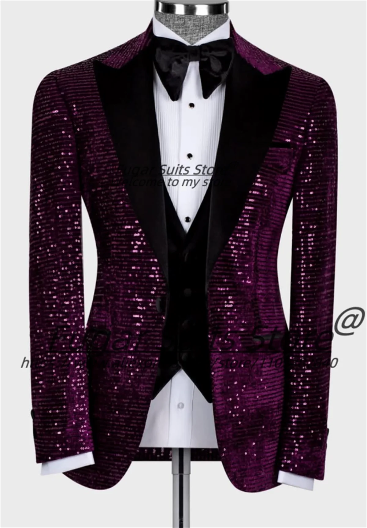

High-end Shiny Sequin Men Suits Slim Fit Peak Lapel Groom Wedding Tuxedos 3 Pieces Sets Male Prom Blazers Elegant Costume Homme