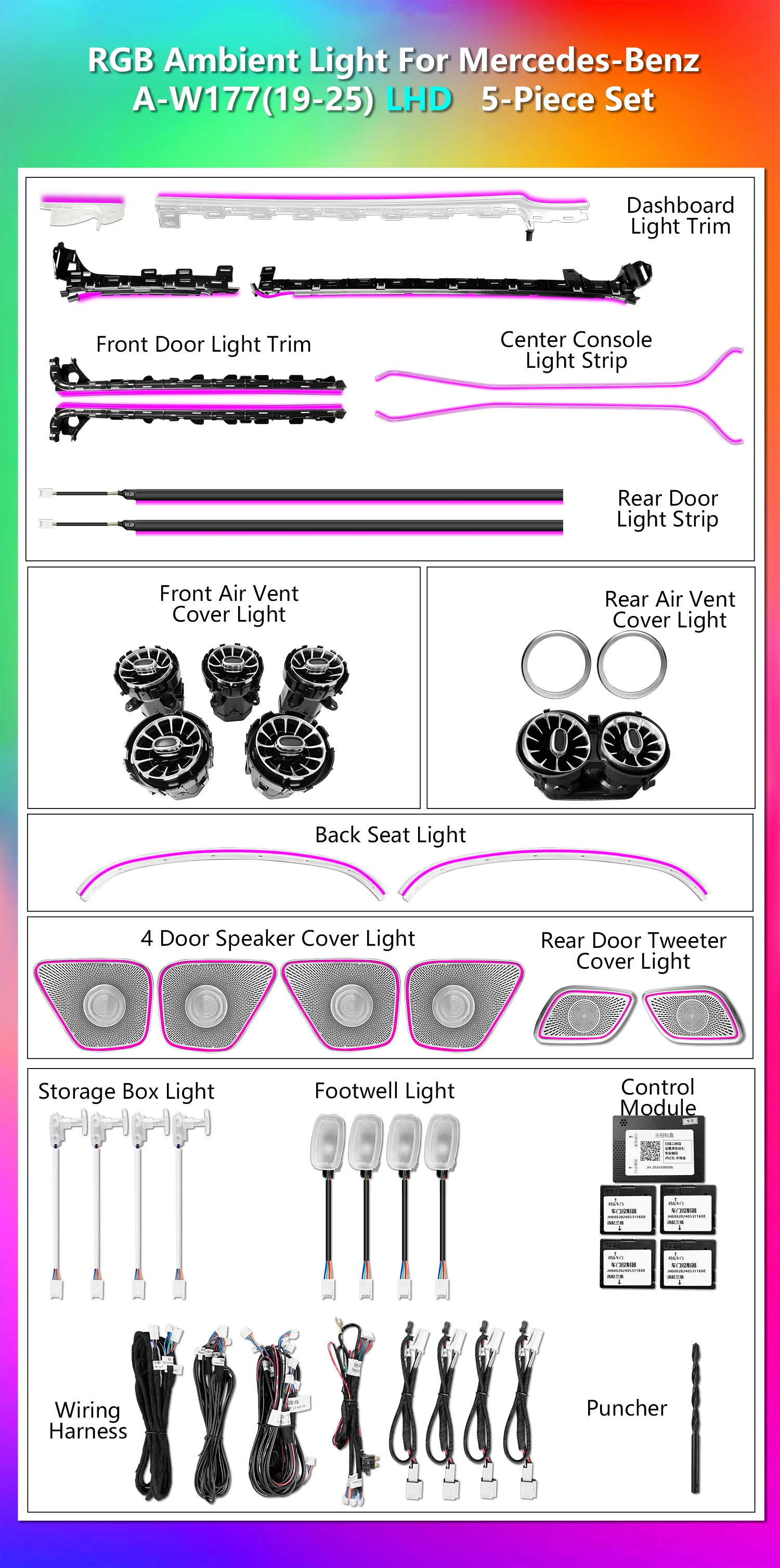 ICarsin for Mercedes-Benz A-Class W177 2018-2024 Ambient Light Upgrade Dynamic Colorful  LED Light Strip Car Interior Light Kit