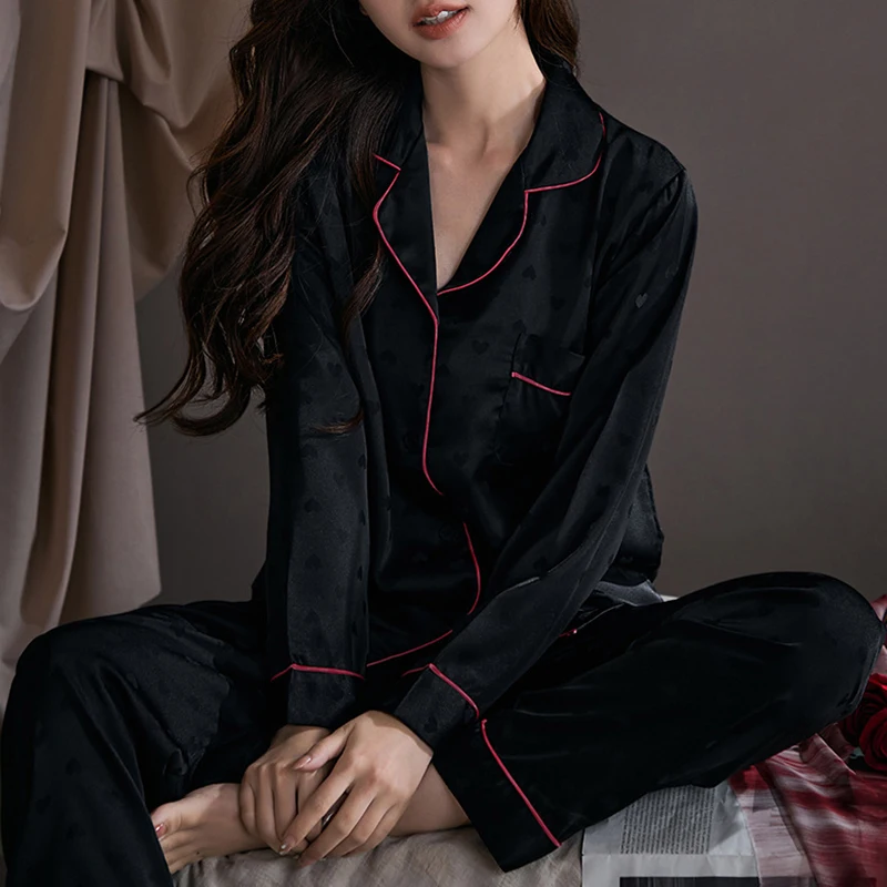 Women 2PCS Pajamas Set Sexy Black Rose Pink Lace Trim Sleepwear Underwear Spring Summer Satin Trouser Suits Loose Lounge Wear