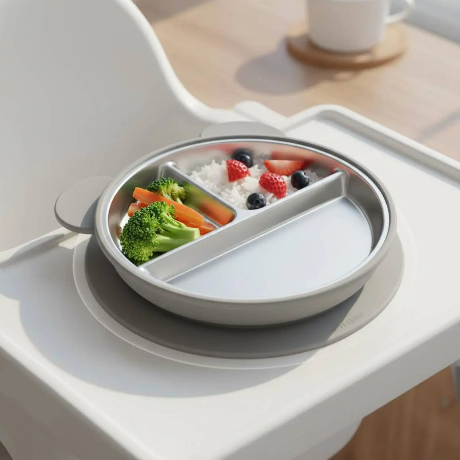

Stainless Steel Suction Plate Anti-Tip 3 Compartment Feeding Plate Food-Grade Silicone Detachable Design for High Chair