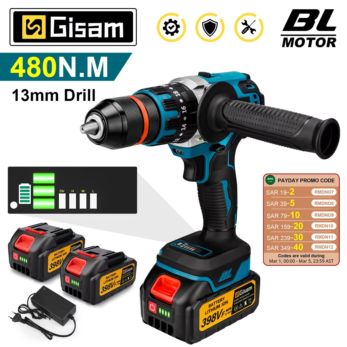 18V 13mm 480N.M Brushless Electric Impact Drill Cordless Drill Electric Screwdriver DIY Driver Power Tool for Makita 18V Battery