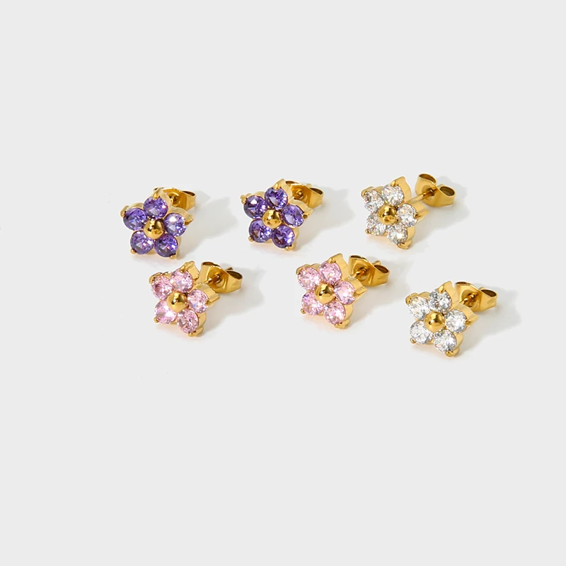 

INS Korean Fashion 14K Gold Plated Stainless Steel Purple White Pink Cubic Zirconia Cute Flower Stud Earrings for Women Jewelry