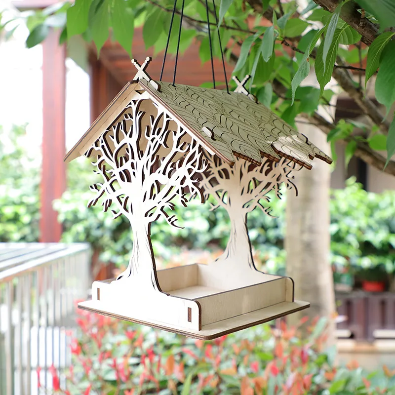 

1PC New Wooden bird cage handmade outdoor hanging birds feeder creative finch parrot cage small bird houses natural hut shelter