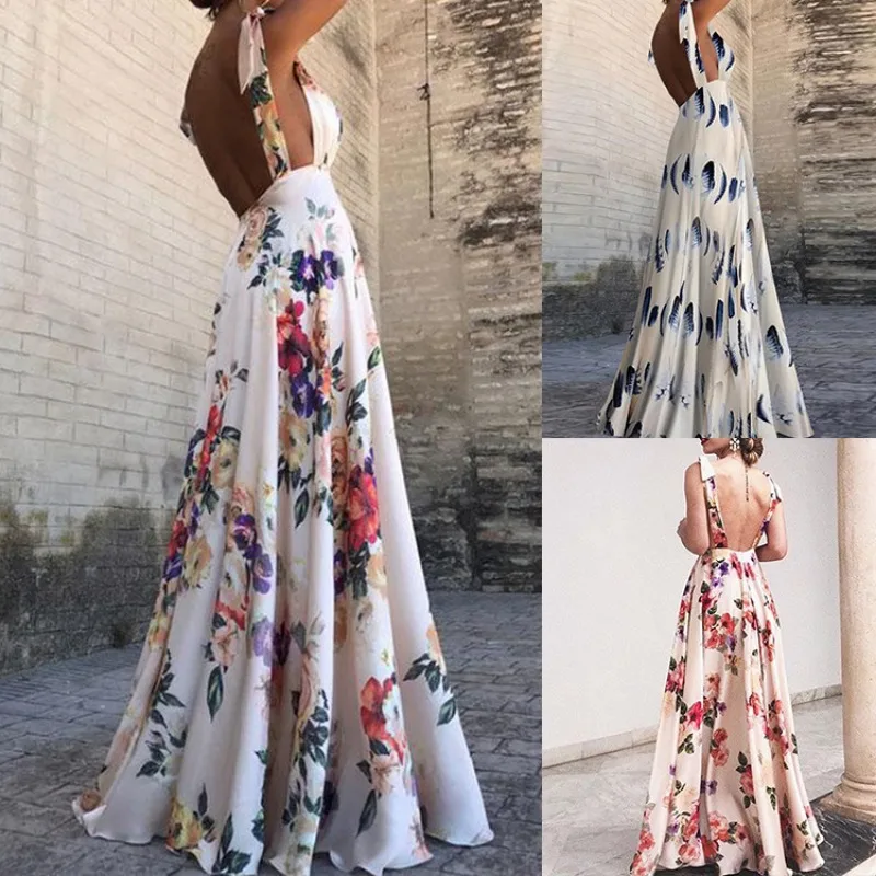 Spring and Summer Light Luxury Leak Back Print Big Swing Sleeveless Female Halter Dress To Attend The Party