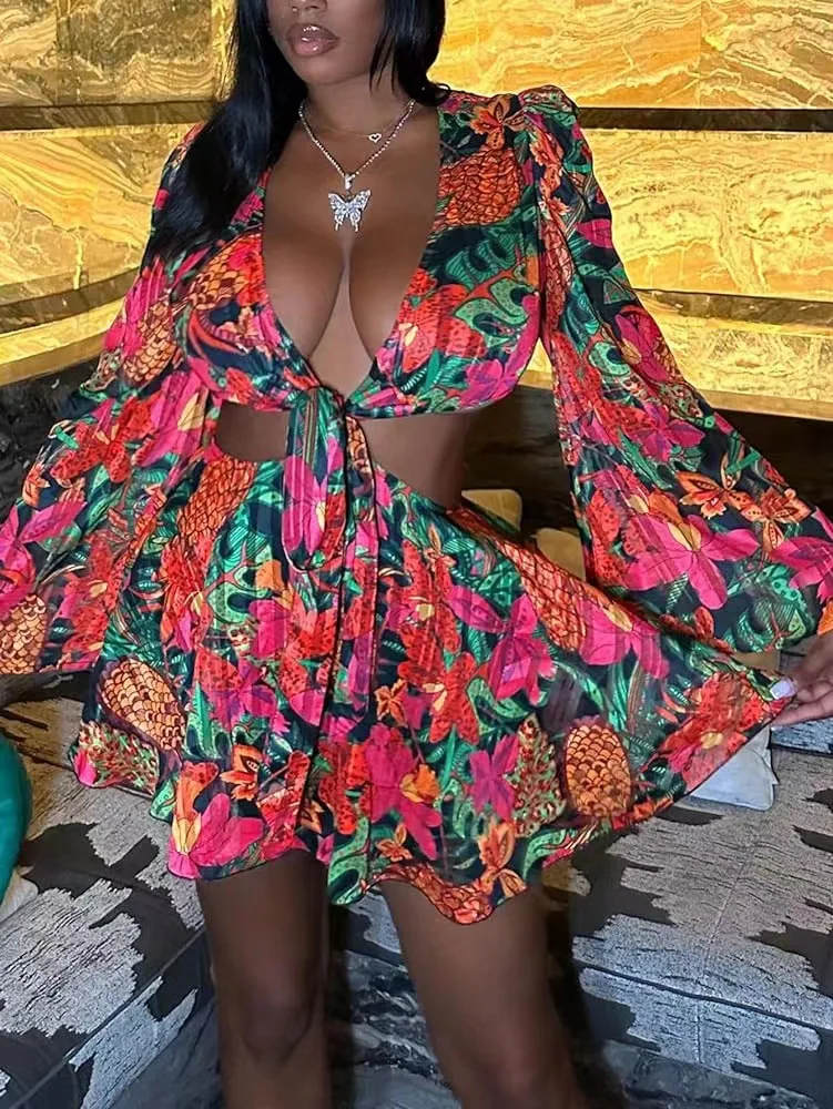 Sexy V Neck Long Batwing Sleeve Floral Print Loose Asymmetrical Dress Summer Women Irregular Leaf Print Party Boho Dresses