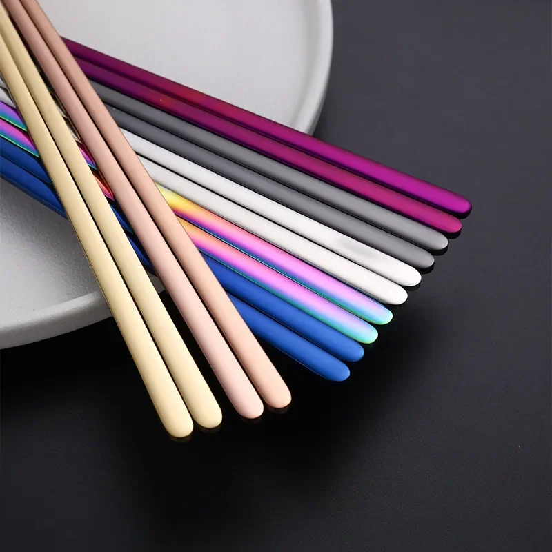 Korean creative stainless steel gold-plated solid flat chopsticks gold thickened household non-slip chopsticks