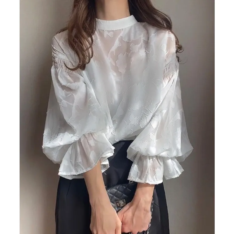 2025 Spring New Front and Rear Wear Flower Jacquard Lantern Sleeve Transparent Shirt