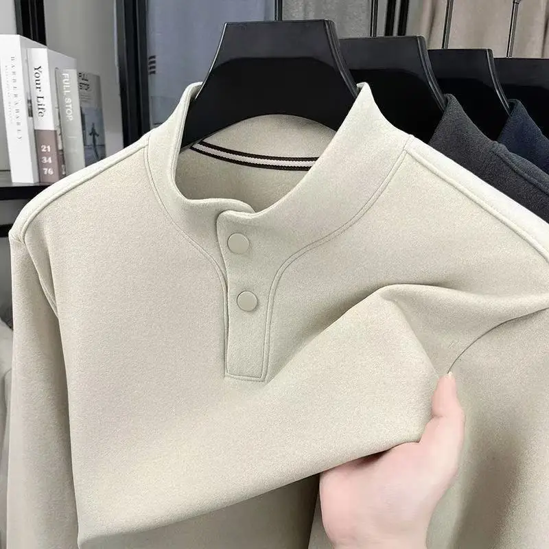 Men's Double-sided Velvet Sweatshirt Stand Collar Solid Color Button Warm Pullovers Casual Comfort Outdoor Loose Sweatshirts
