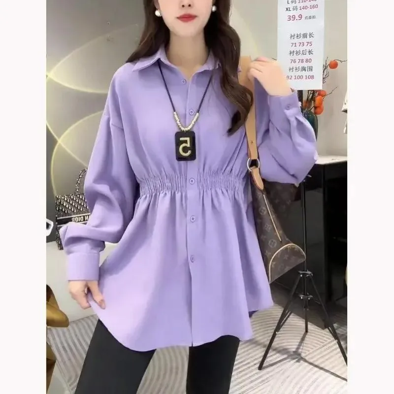 Autumn Winter Women\'s Fashion Solid Lapel Button Brushbed Shirt Office Lady Casual Loose Tunic Blouse Long Sleeve Irregular Tops