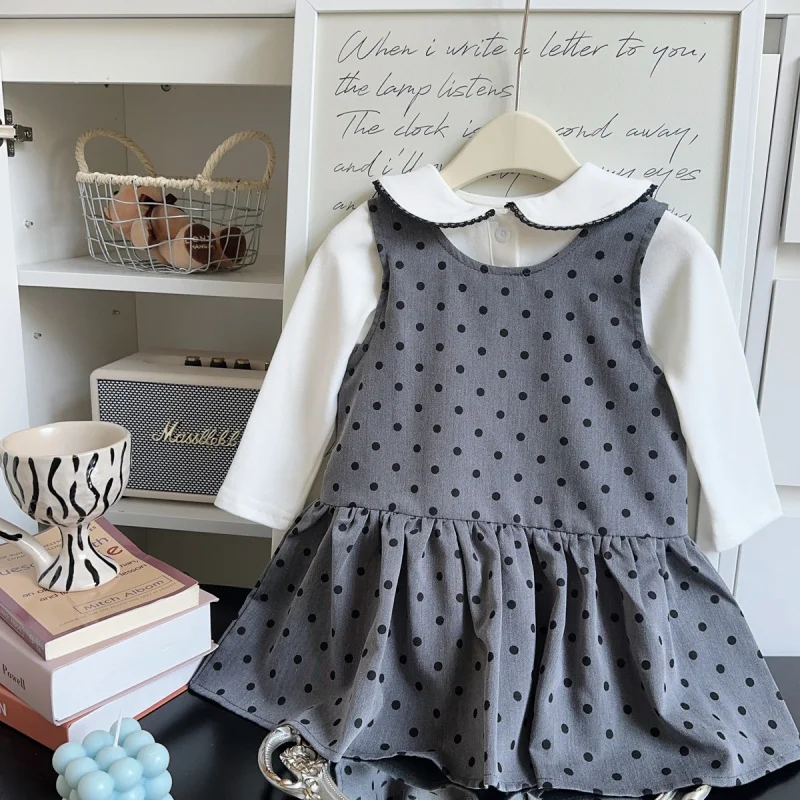 

Children's Sweet Polka Dot Vest Dress New Spring and Autumn Girls' Fashionable Doll Collar Shirt Fast Kids' Clothing