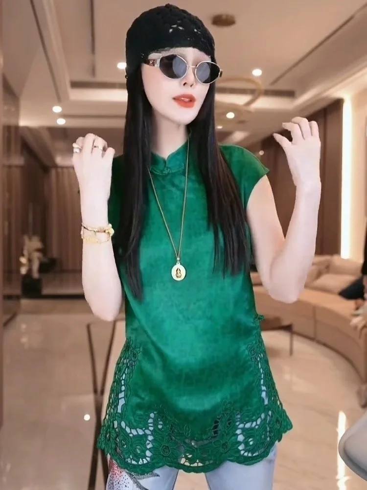 

Young Women's New Chinese Sle irt Ele Faionable Summer 2025 Loose Fit ort Sve Stand Collar Color Top