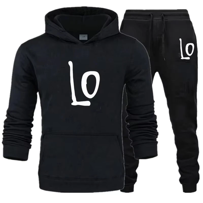 Conjunto Deportivo de 2 Piezas para Parejas, Sudadera con Capucha y Pantalones Jogger con Estampado de Letras LoVe, Ropa Deportiva Informal Unisex para Calle, Color Negro