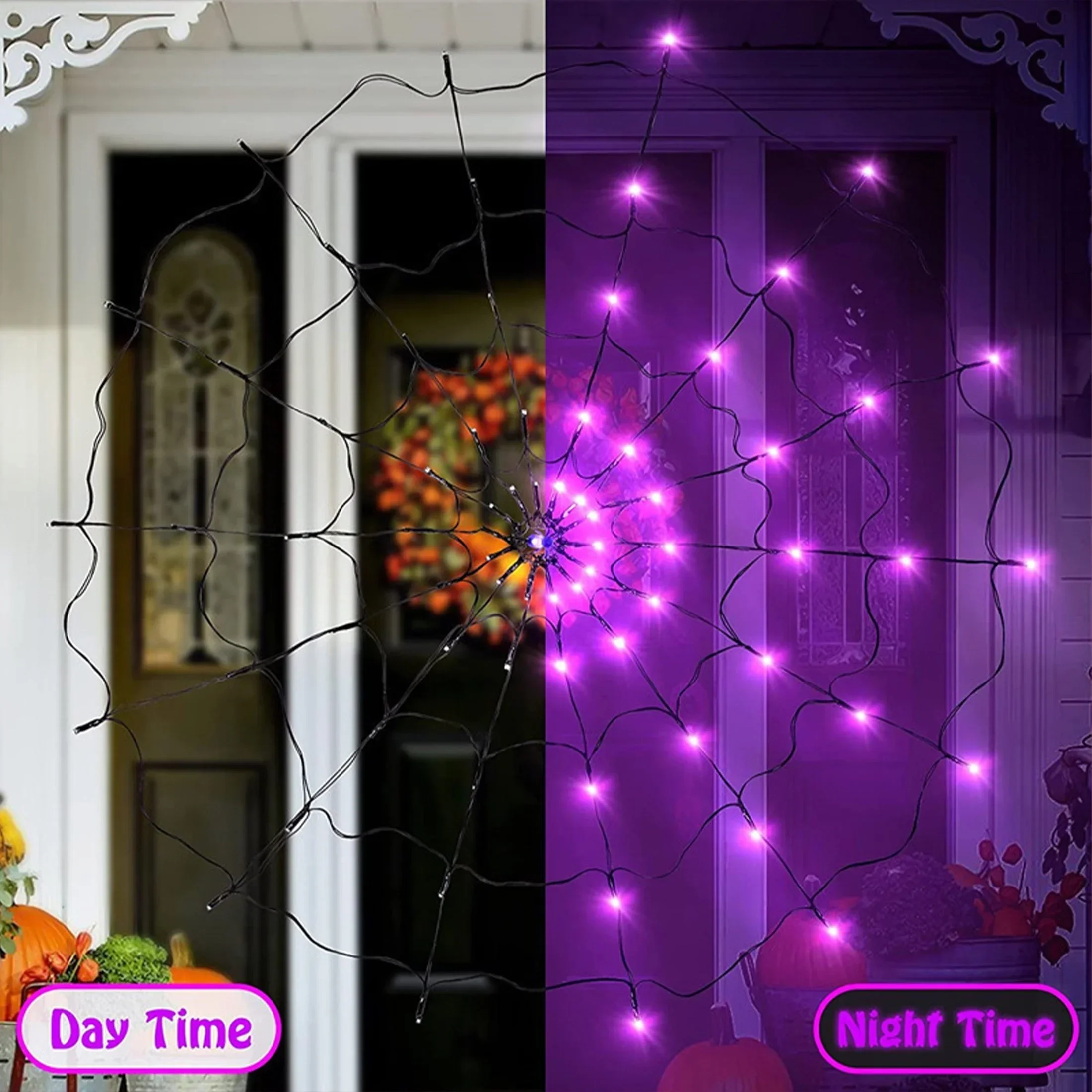 70 LED Halloween DIY Lights Spider Web Lamp Battery Powered String Lights 8 Modes Purple Orange Haunted House Decor Party Room