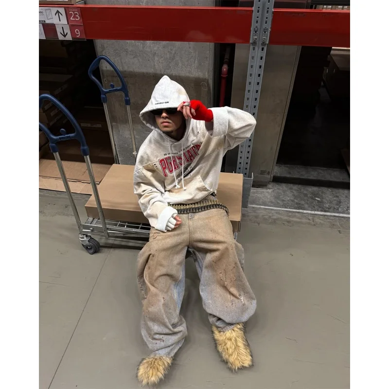 

Ailz Project 25ss Men's Hoodie Vintage Worn-out Patchwork Hooded Sweatirt Cotton Autumn Outerwear Spor Sle