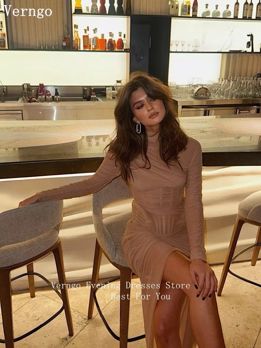 فستان سهرة شيفون بني من Verngo برقبة عالية وأكمام طويلة حورية البحر مناسبة رسمية فستان بفتحة جانبية فساتين حفلات مخصصة