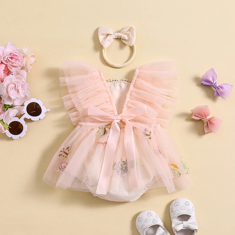 

Baby Girl Tulle Romper Dress Ruffled Fly Sleeve Bodysuit Floral Embroidery Baby Tutu Mesh Princess Outfit Headband