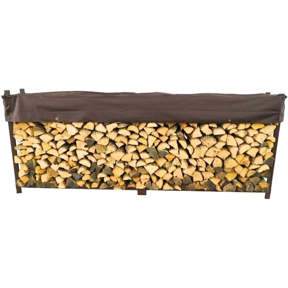 10 Foot Brown Outdoor Firewood Rack With Optional Seasoning Cover - Made In USA - Holds 1/2 Plus Cord Of Firewood