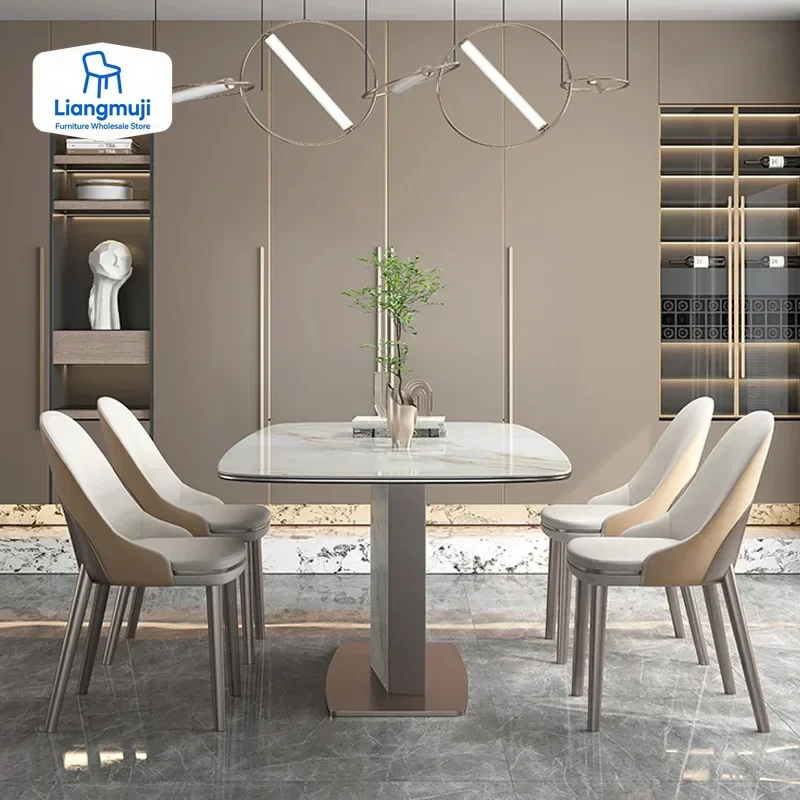 

Легкий роскошный обеденный стол из глянцевой каменной плиты, домашний современный минималистичный прямоугольный креативный обеденный стол и комбинация стульев