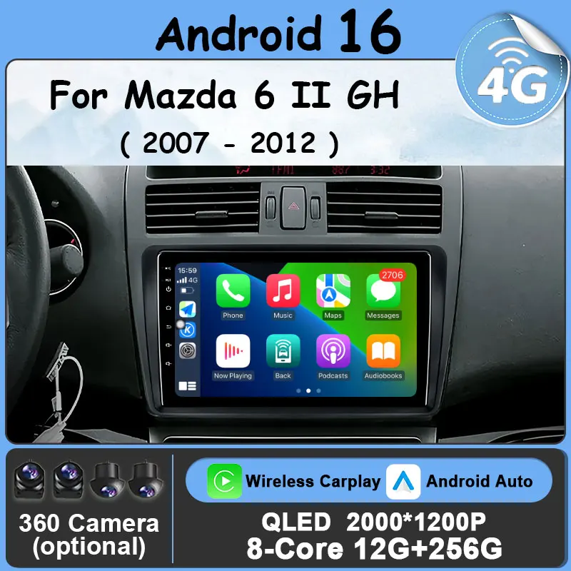 

Android 16 AUTO Car Radio for Mazda 6 II GH 2007 - 2012 Carplay Navigation GPS Video DSP Stereo Multimedia Player Split Screen