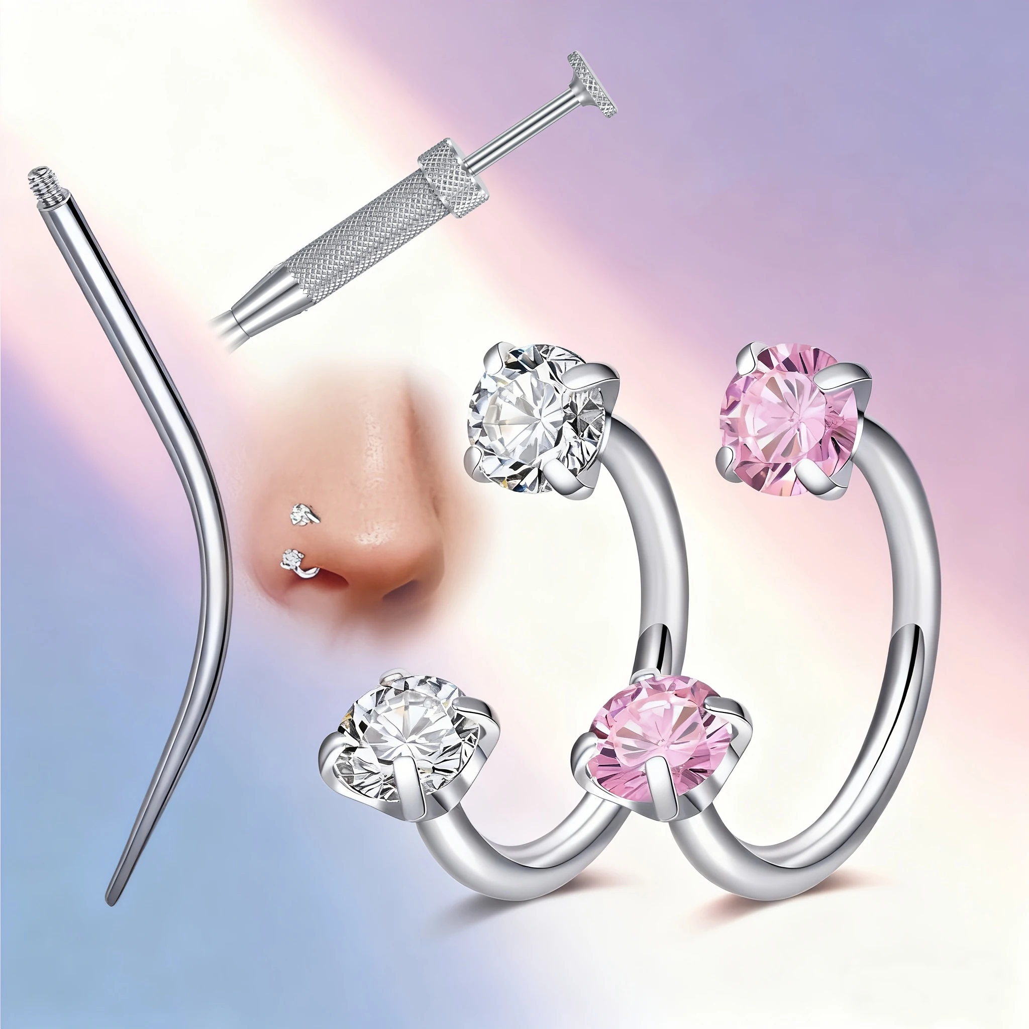 4pcs Horseshoe Nose Ring for Women 16G Stainless Steel Multi-Purpose Piercing Jewelry for Labret Lips Ears with Piercing Tool