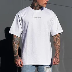 Muscleguys Gym Clothing Mesh Fitness Mens Oversized T Shirt Outdoor Hip Hop Streetwear Loose Half Sleeve Bodybuilding T-shirt