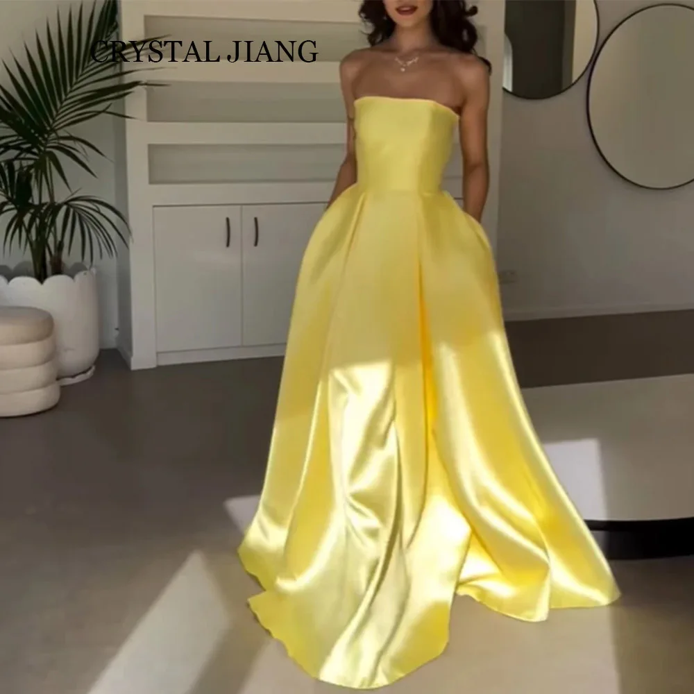 

Vintage Long Yellow Strapless Satin Evening Dresses Sleeveless A Line Sweep Train Robes De Soirée for Women