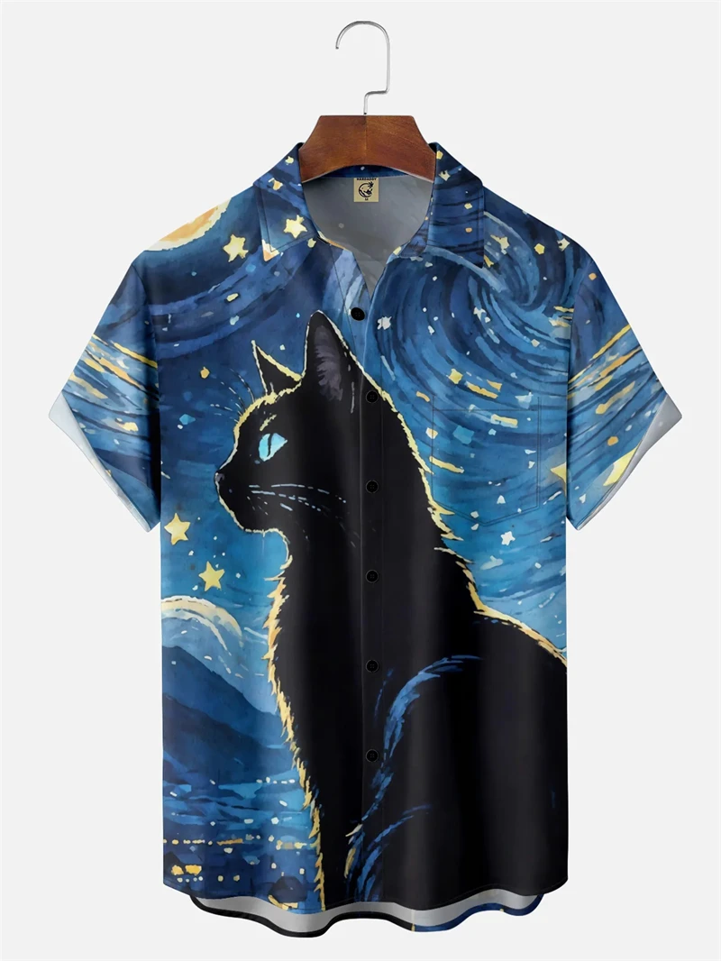 

Funny Black Cat Printed Men's Short Sleeve Shirt Oil Painting Starry Sky Pattern Tops Street Daily Casual Oversized Men Tops