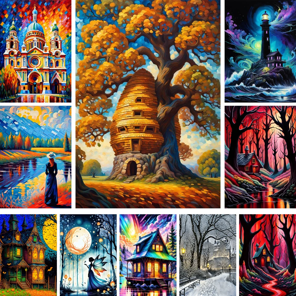 Dream House Landscape Printed 11CT Cross-Stitch Embroidery Set Needlework Knitting Hobby Painting Wholesale Different Package