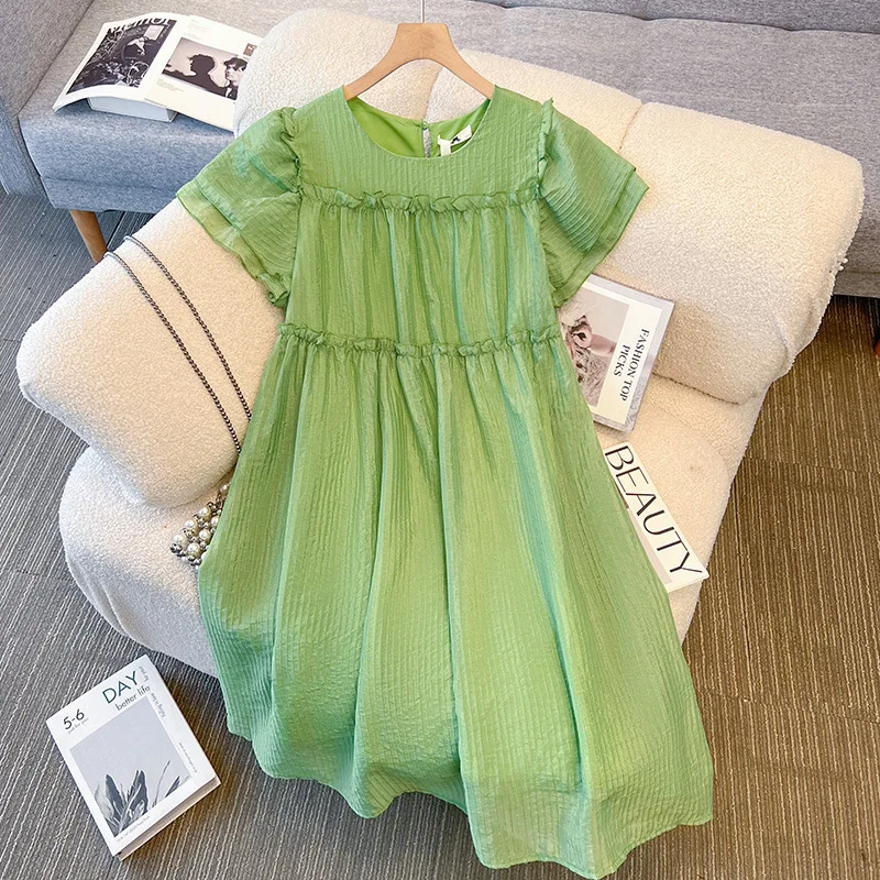 

145Kg Plus Size Women's Bust 147 Summer Loose Round Neck Short Sleeved Vacation Beach Dress 4XL 5XL 6XL 7XL 8XL