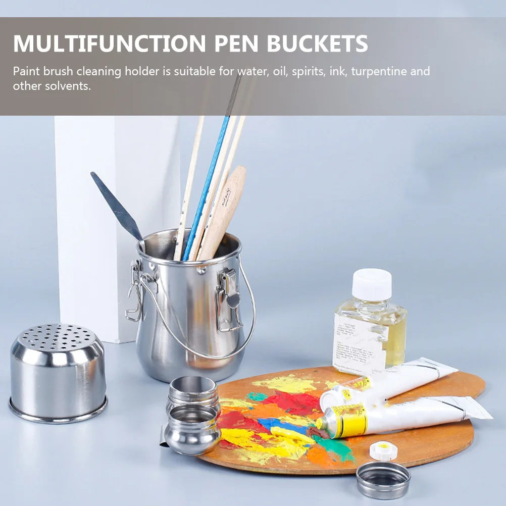 Oil Paint Brush Barrel Stainless Steel Portable Brush Washing Bucket For Water Oil Ink Turpentine Painting Tool