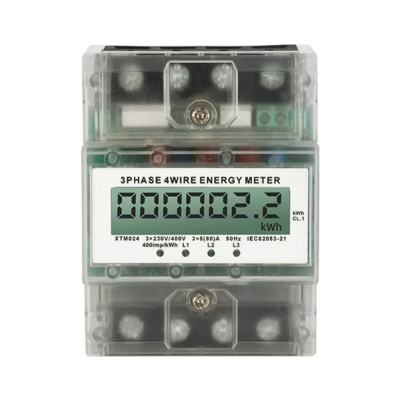 3 Phase 4 Wire Digital Energy Meter 4P Mini DIN Rail LCD Display Ammeter English Version
