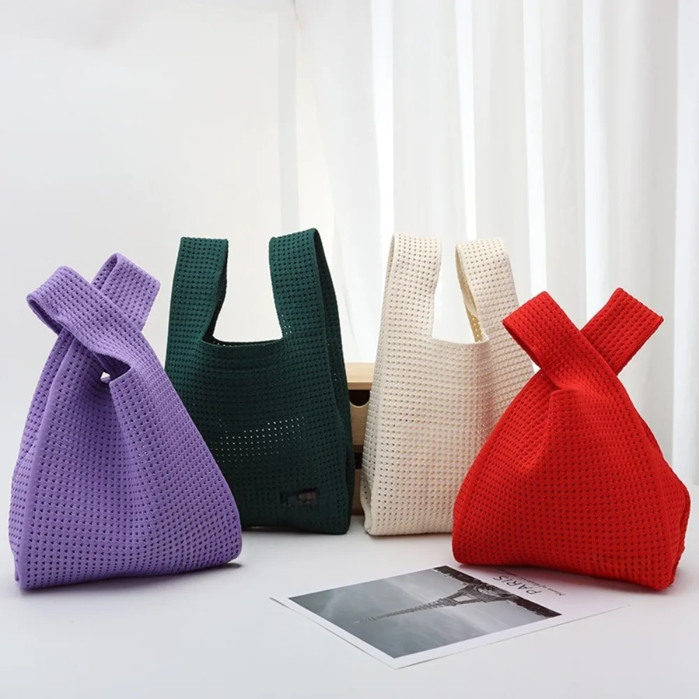 Fashion Retro Knit Handbag Large Capacity Hollow Out Vest Bag Solid Color Tote Bag for Women