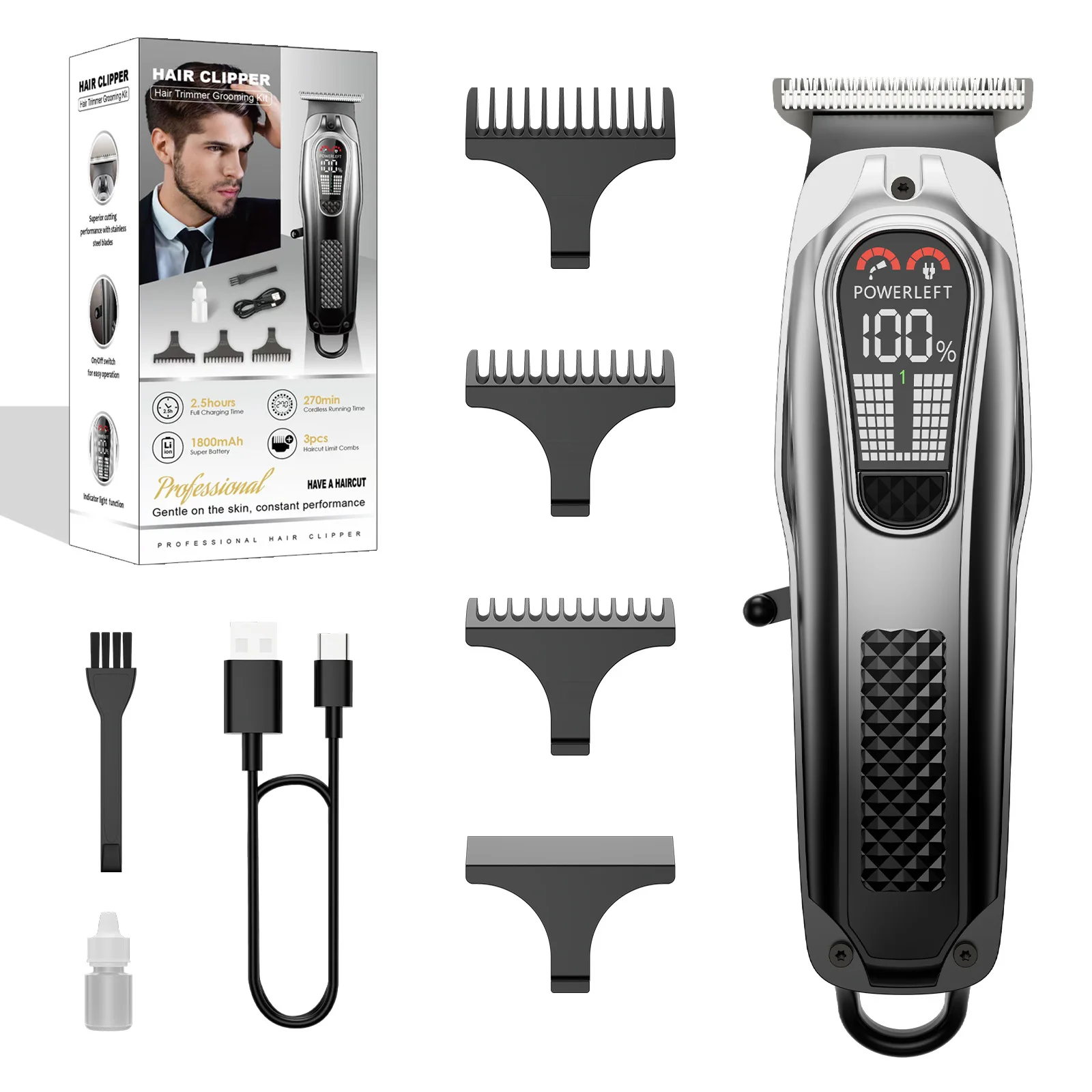

Popular hair clipper set electric digital display Type-c rechargeable electric clipper carving hair clipper home