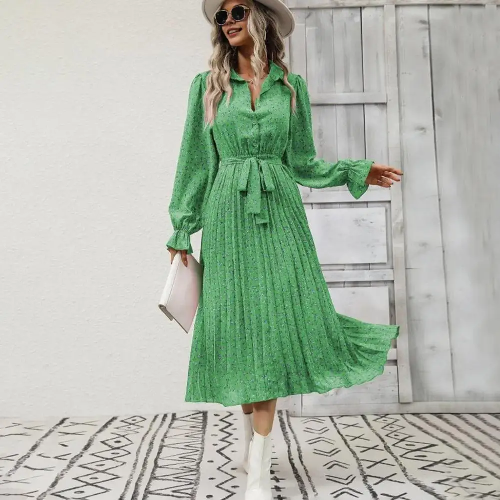 

Pleated Midi Dress Elegant Floral Print Midi Dress with Lace-up Waist V Neck Collar Women's A-line Swing Dress for Fall Spring