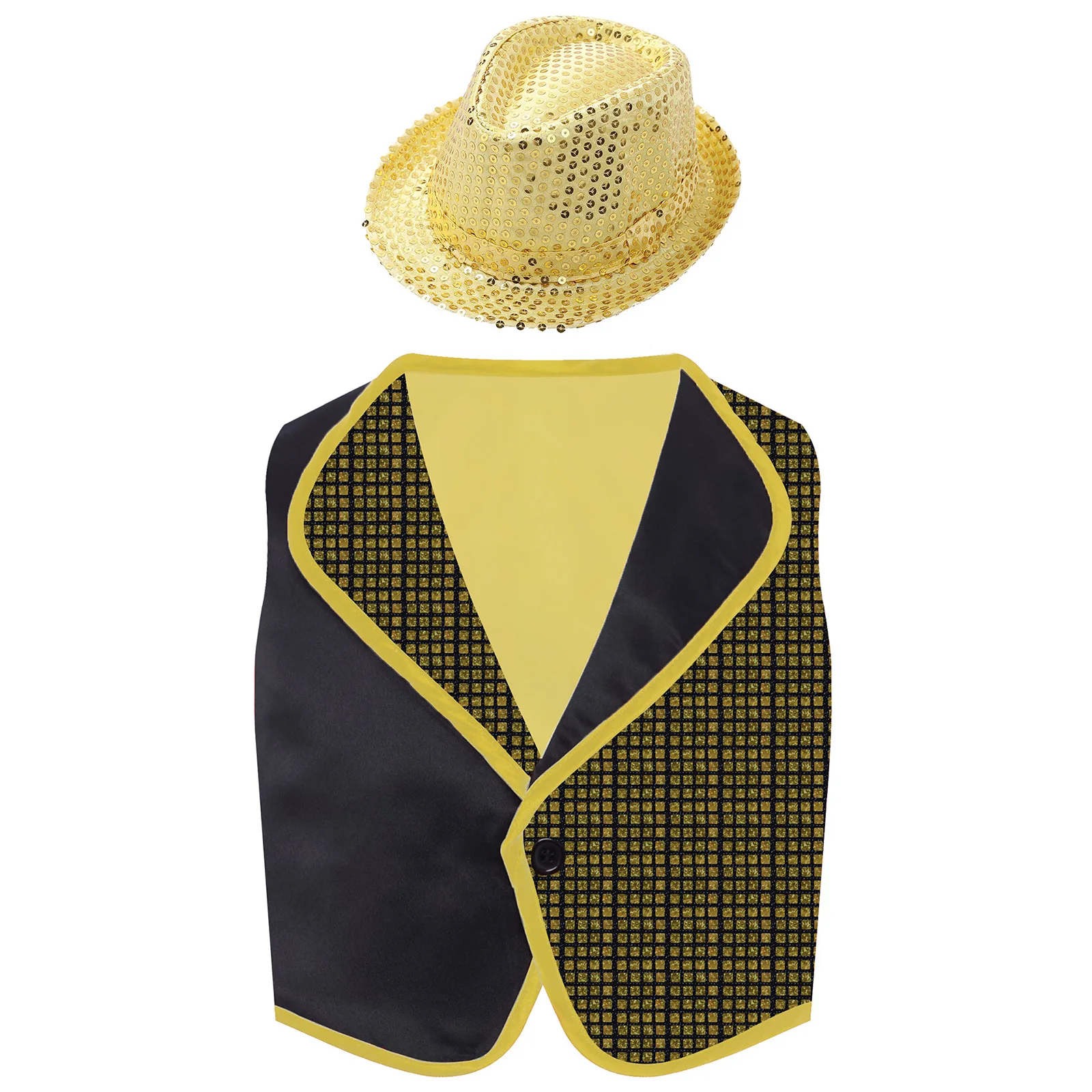 

Unisex Boys Girls Jazz Tap Dancewear Disco Party Performance Costume Sparkling Sequins Buttons Vest Waistcoat and Sequined Hat