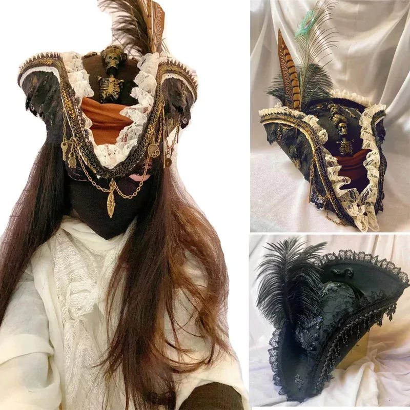

Pirate Hat Vintage Skull Triangle Hat Halloween CosPlay Pirate Feather Hat Movie Clothing Accessories Headwear High Quali
