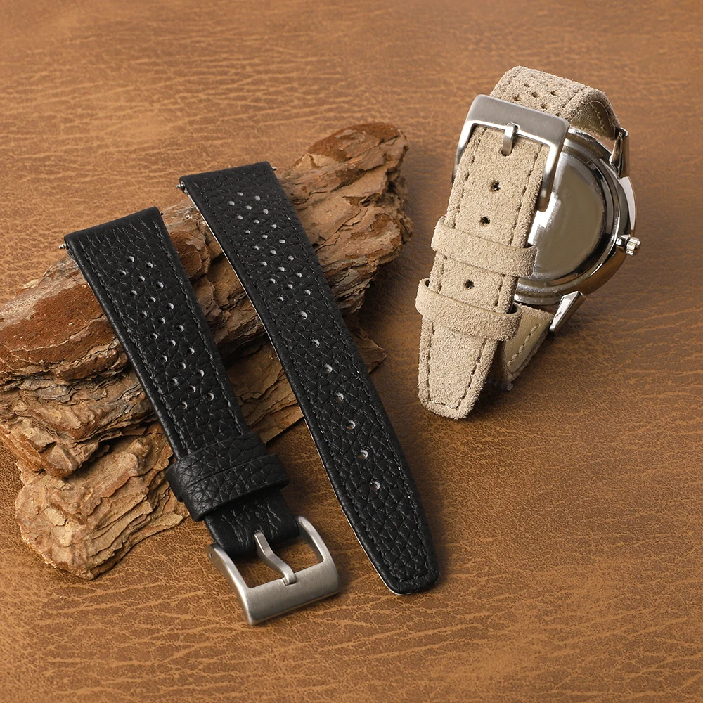 18mm 19mm 20mm 21mm Rally Racing Leather Watch Strap Black Beige Color Breathable Watch Band For Women Men Wristband Accessories