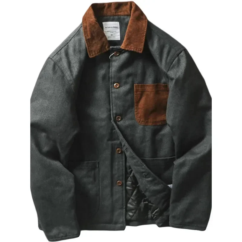 

Retro Patchwork Color Cargo Jacket Diamond Patterned Clip Cotton Casual Coat Windproof Warm Male Autumn Winter