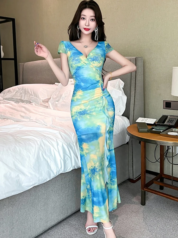 المرأة بوهو طباعة شبكة قصيرة الأكمام الخامس الرقبة مثير فستان طويل الصيف أنيقة شيك فستان مكشكش 2025 الكورية Bodycon مهرجان فساتين