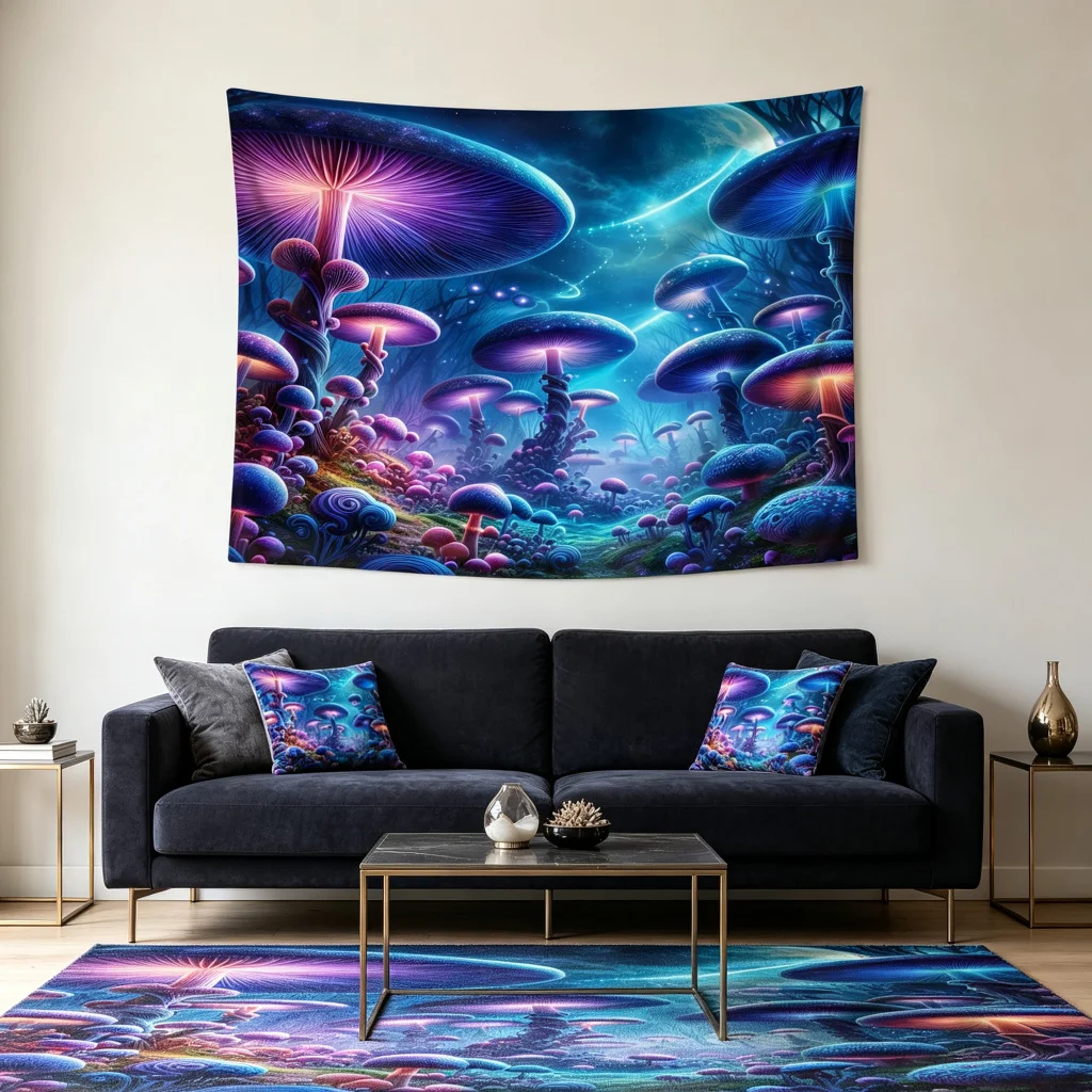 1PC Blue Purple Mushroom Art Print Backdrop Banner, Bedroom Living Room Photo Background, Polyester, Home Decor, Wall Art