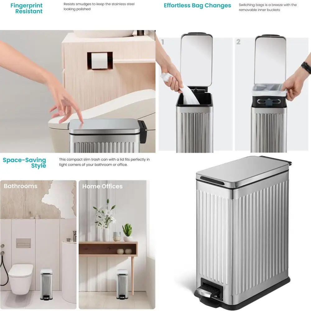 

10L Stainless Steel Step Pedal Trash Bin with Lid, Slim Ribbed Design for Home & Office Use
