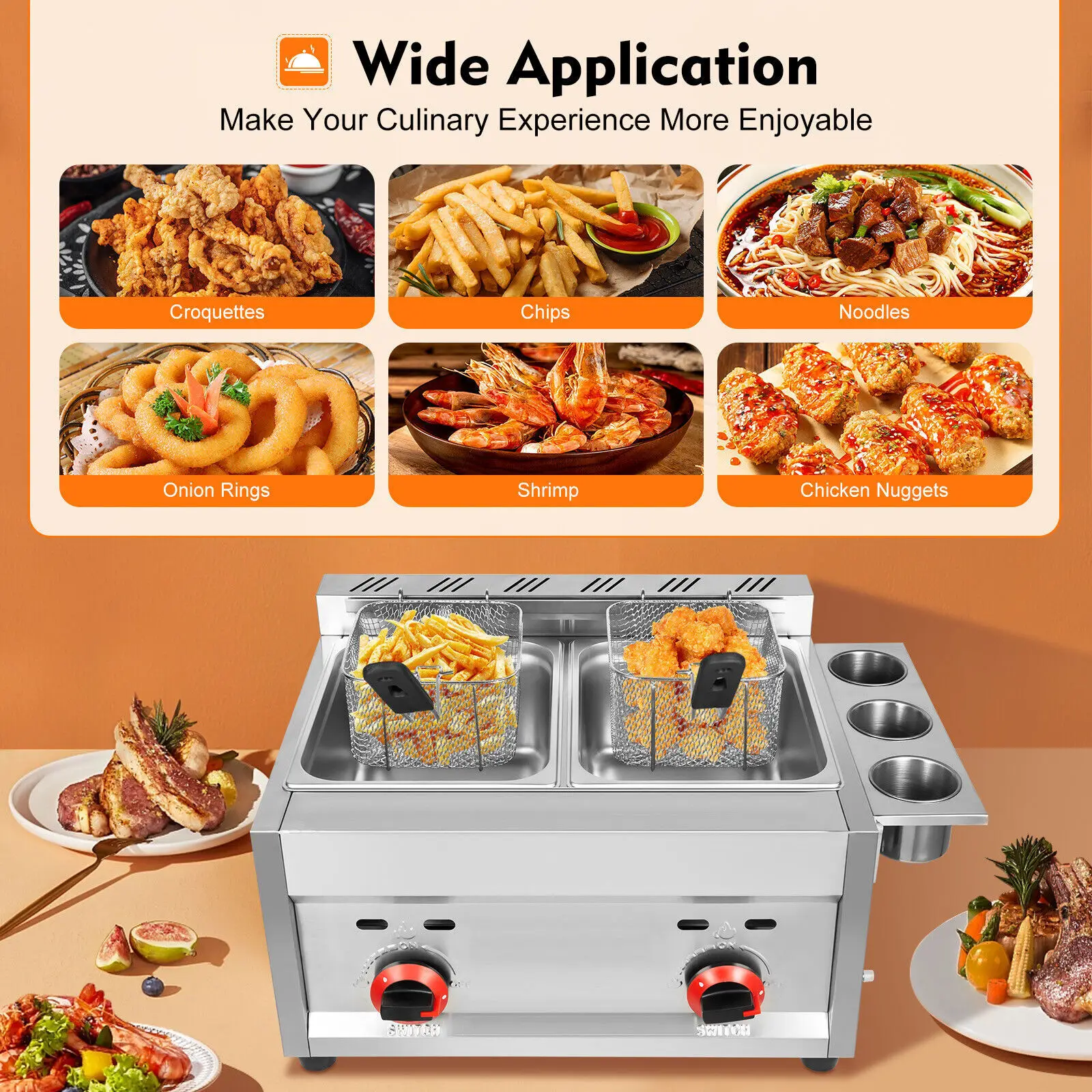 

Commercial Gas Deep Fryer 12L Stainless Steel Dual Tank Gas Deep Fryer with 2 Baskets&Lid Countertop Fryer Frying Machine