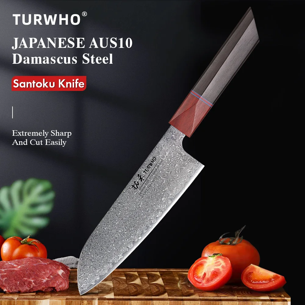 TURWHO-cuchillos Santoku japoneses de acero de Damasco, cuchillo de Chef profesional, forjado a mano, corte de carne, herramientas de cocina, 7"
