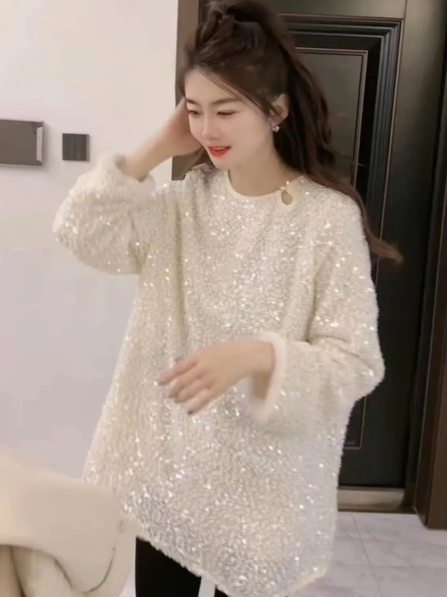 

Элегантная женская блузка с вырезами и пайетками, модный зимний топ, уникальный дизайн, повседневный стиль, круглый вырез, длинный рукав, свободный крой