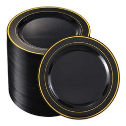 50/25Pieces Black Plastic Plates with Gold Rim-7.5inch Disposable Salad/Dessert Plates Party Plates-Ideal for Weddings& Parties