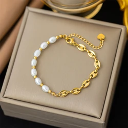 316L Stainless Steel Vintage Pig Nose Shape Pearl Asymmetr Charms Chain Bracelets For Women Fashion Fine Jewelry Gifts