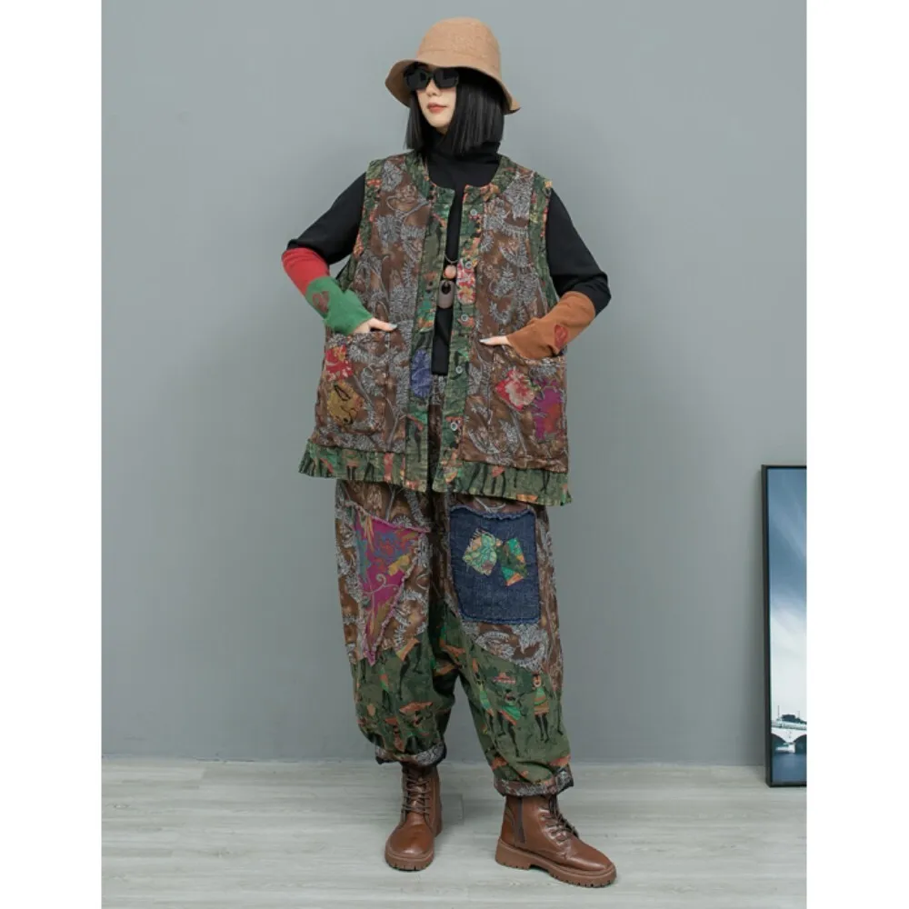 Vintage Printed Linen Cotton Cardigan Vest + Large Crotch Pants Two-piece Set Women Winter Fashion Pant Set LX2715