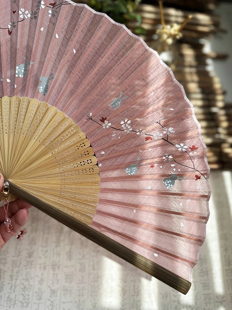 Vintage chinesischen Stil heißen Silber Falt fächer niedlichen Sommer kühlen täglichen Fan frisch unter dem Mond Kirschblüte Jade Kaninchen